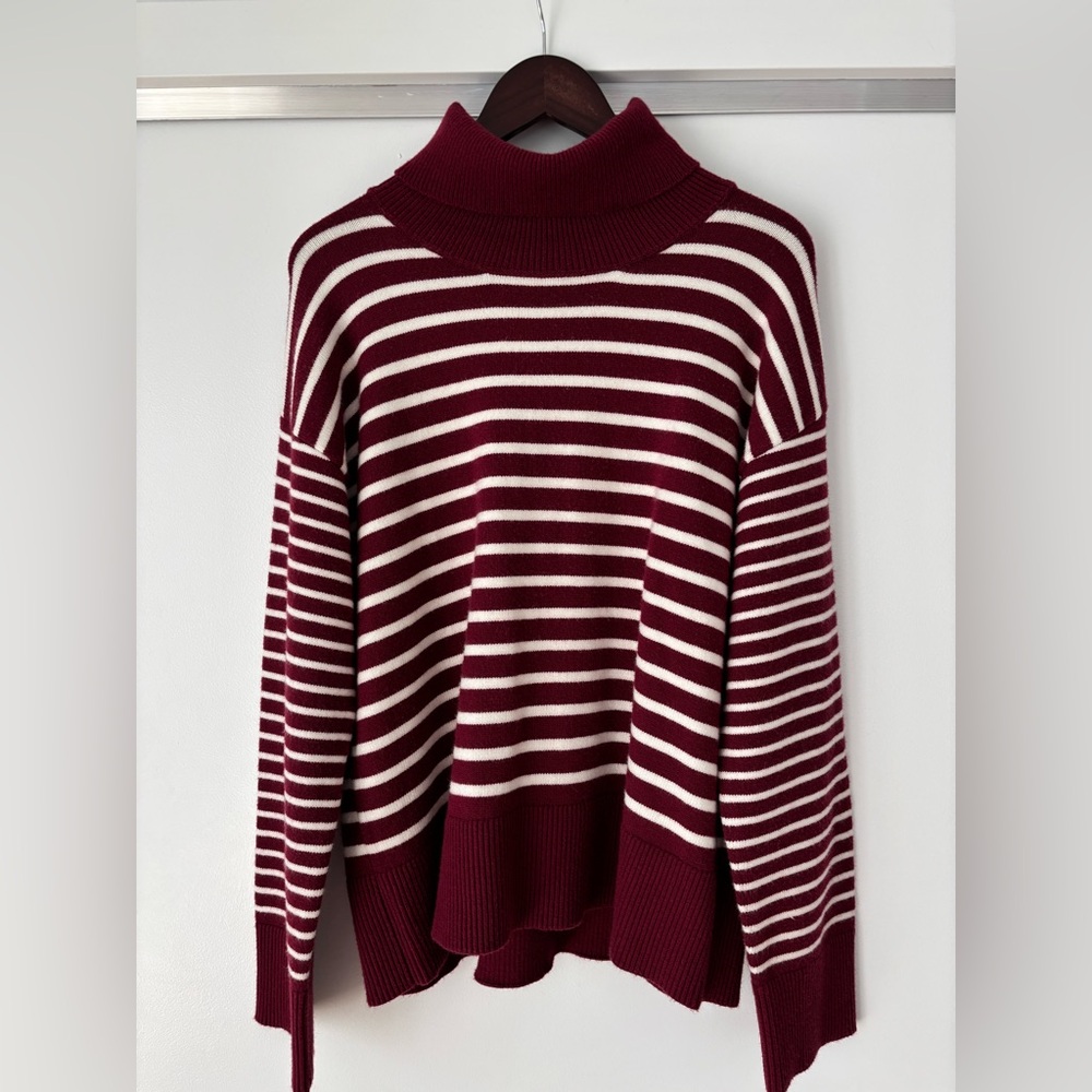 Addison Bay x Mary Orton Maroon and White Striped Turtleneck Sweater